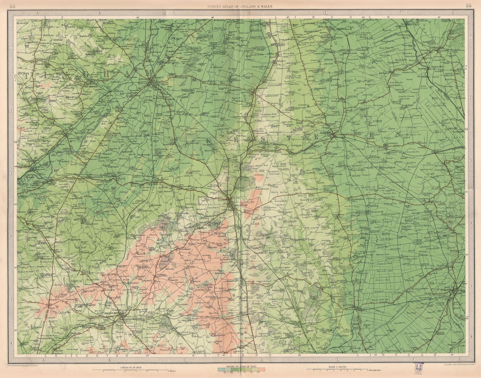 LINCOLNSHIRE FENS. Newark-on-Trent Grantham Sleaford Spalding Notts 1939 map